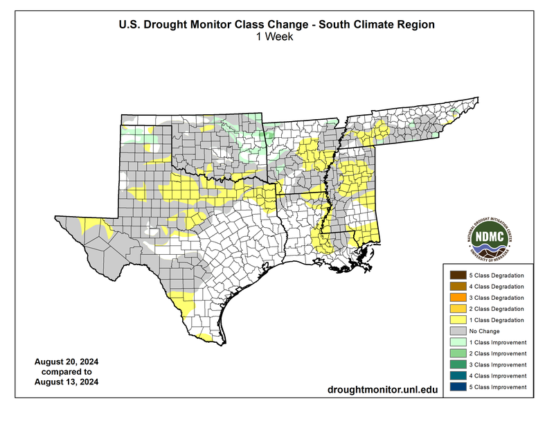 Drought Monitor 1 Week Class Change Map, Valid August 20, 2024