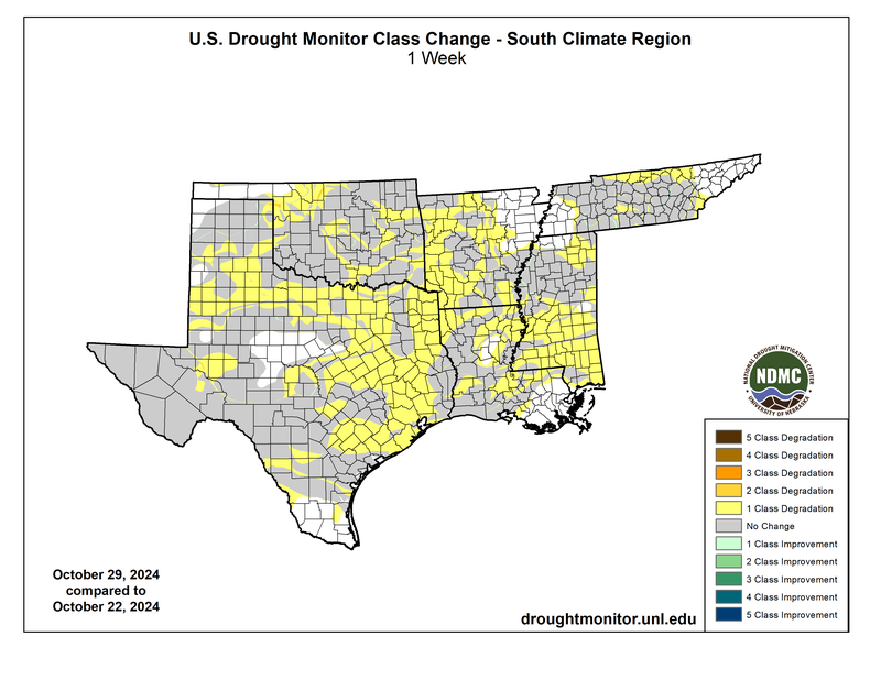 Drought Monitor 1 Week Class Change Map from 10/24/2024 to 10/31/2024