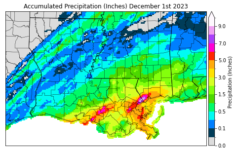 Map displaying accumulated precip for November 30th in Louisiana