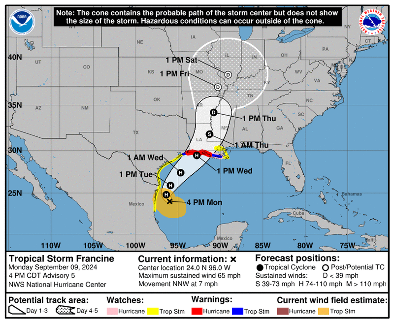 Warning graphic for Tropical Storm Francine