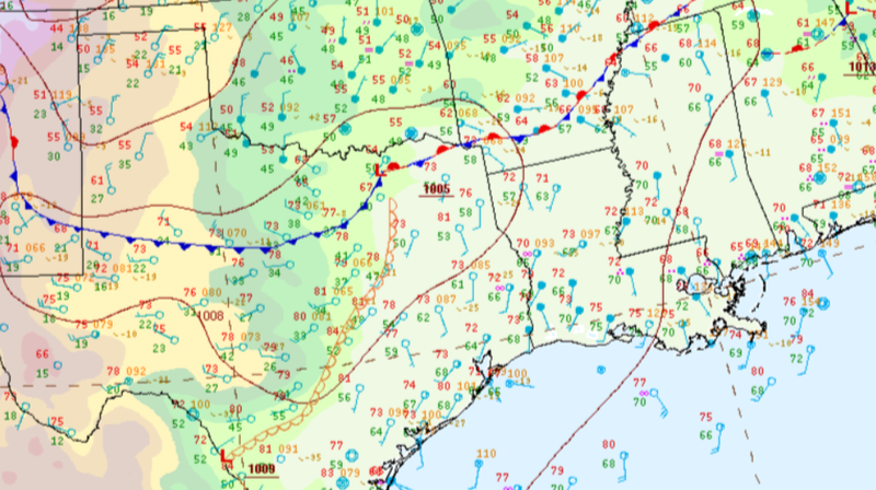 Surface analysis displaying a cold front and stationary boundary