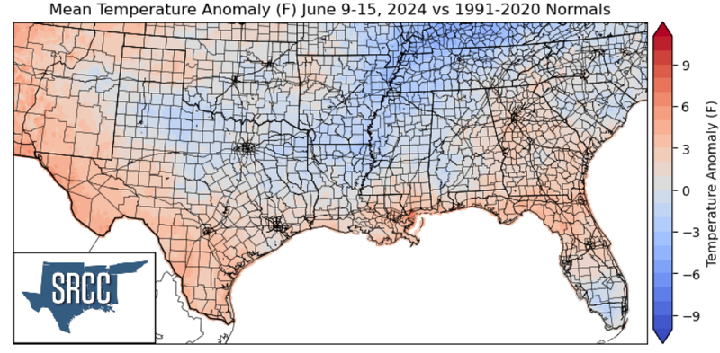 Temperature Difference from Normal June 9-15, 2024