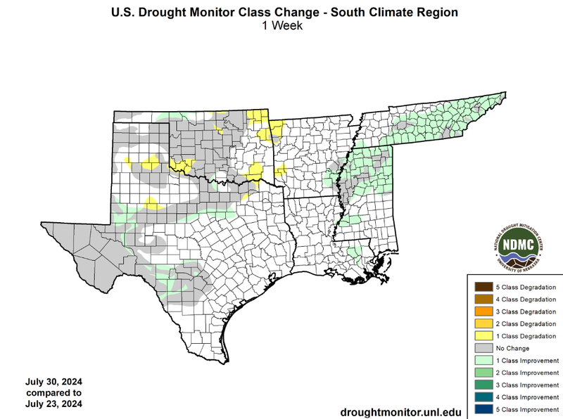 U.S Drought Monitor Class Change Map for Southern Climate Region, Valid July 30th