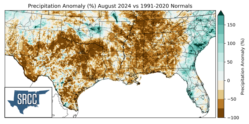 Graphic showing the precipitation anomalies across the Southern Region for August