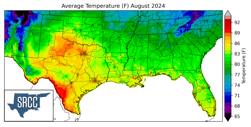 Graphic showing the average temperature across the Southern Region for August