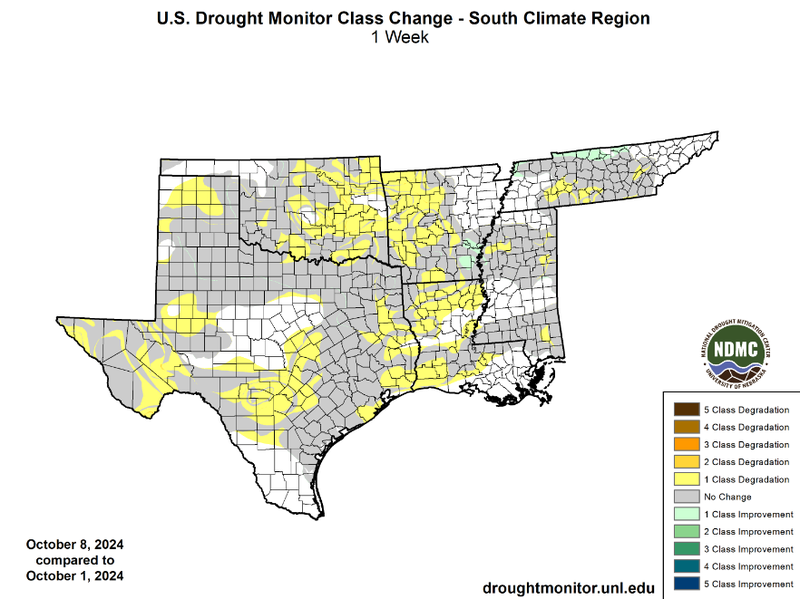 U.S Drought Monitor Class Change Map for Southern Climate Region, Valid October 10th