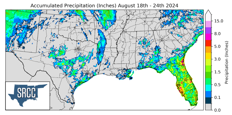 Graphic showing the accumulated precipitation across the Southern Region for August 18th - 24th