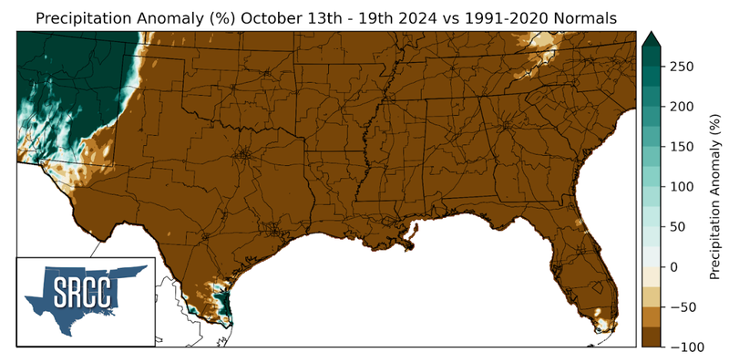 Graphic showing the precipitation anomalies across the Southern Region for October 13th - 19th