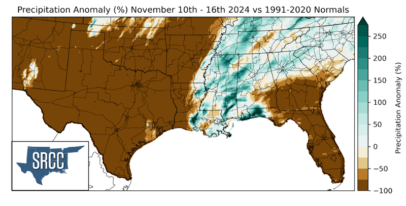 Graphic showing the precipitation anomalies across the Southern Region for November 10th - 16th