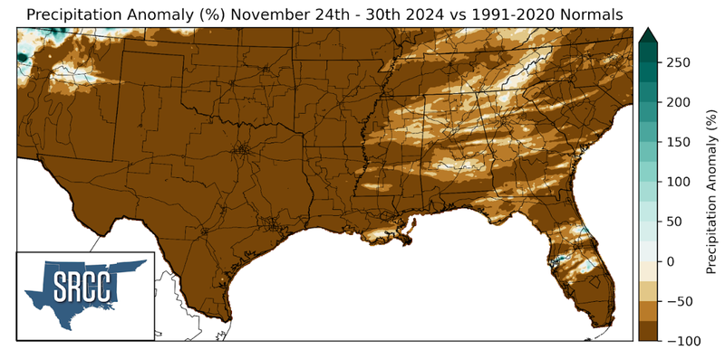 Graphic showing the precipitation anomalies across the Southern Region for November 24th - 30th