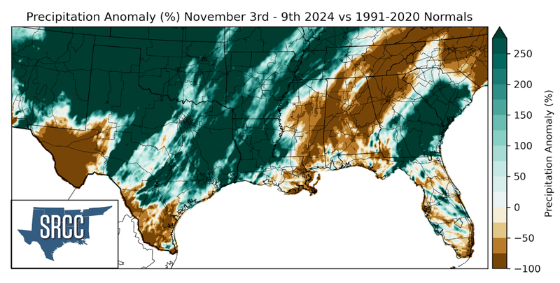 Graphic showing the precipitation anomalies across the Southern Region for November 3rd - 9th