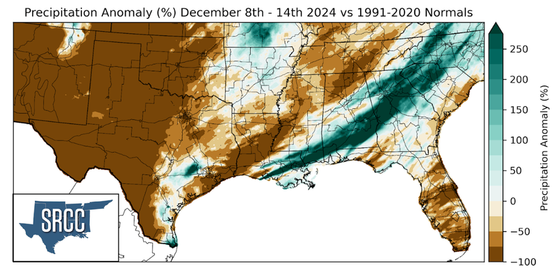 Graphic showing the precipitation anomalies across the Southern Region for December 8th - 14th