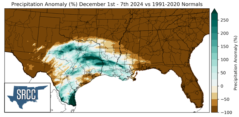 Graphic showing the precipitation anomalies across the Southern Region for December 1st - 7th