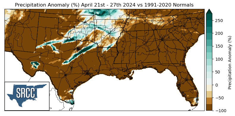 Graphic showing the precipitation anomalies across the Southern Region for April 21st - 27th