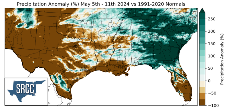 Graphic showing the precipitation anomalies across the Southern Region for May 5th - 11th