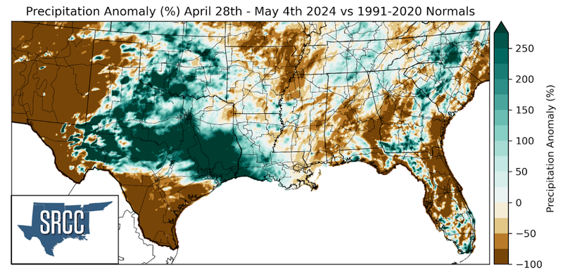 Graphic showing the precipitation anomalies across the Southern Region for April 28th - May 4th