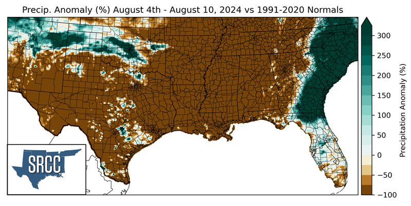 Graphic showing the precipitation anomalies across the Southern Region for August 4th - 10th