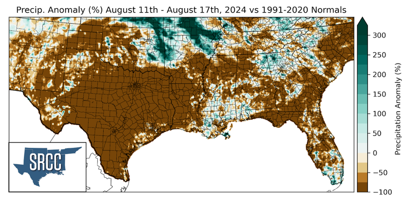 Graphic showing the precipitation anomalies across the Southern Region for August 11th - 17th