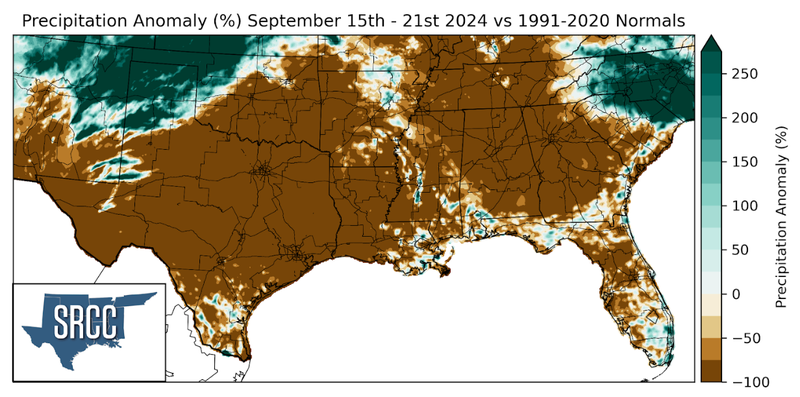 Graphic showing the precipitation anomalies across the Southern Region for September 15th - 21st