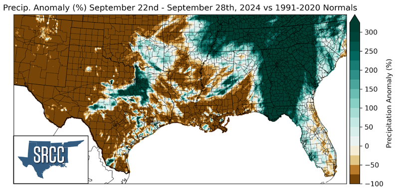 aphic showing the precipitation anomalies across the Southern Region for September 22nd - 28th