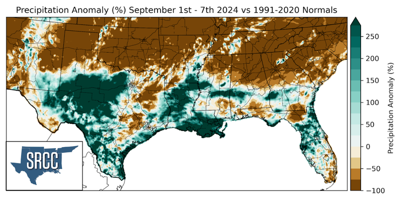 Graphic showing the precipitation anomalies across the Southern Region for September 1st - 7th