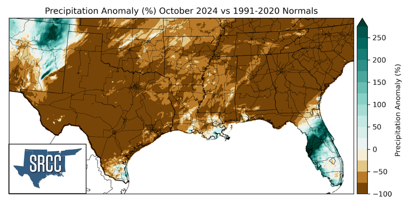 Graphic showing the precipitation anomalies across the Southern Region for October