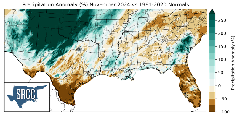 Graphic showing the accumulated precipitation across the Southern Region for November