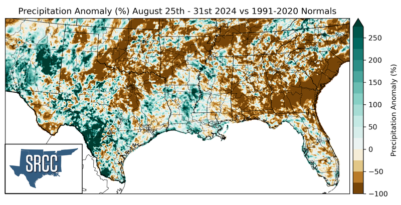 Graphic showing the precipitation anomalies across the Southern Region for August 25th - 31st