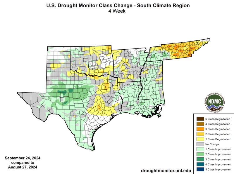 U.S Drought Monitor Class Change Map for September, Southern Climate Region