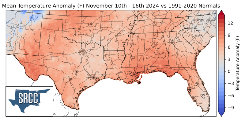 Graphic showing the mean temperature anomalies across the Southern Region for November 10th - 16th