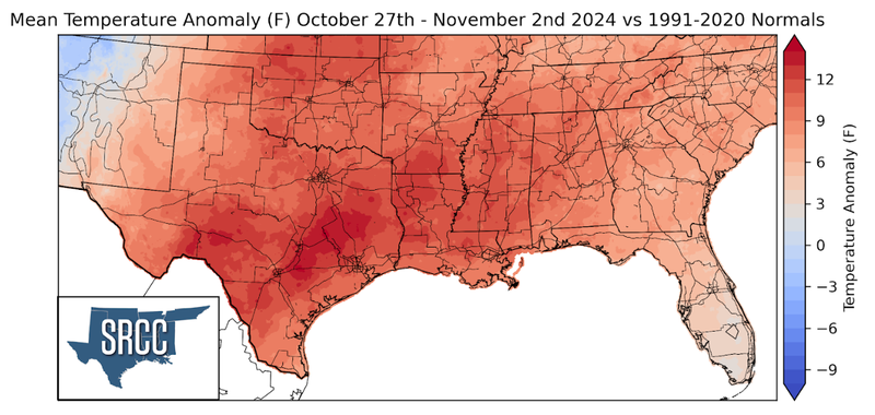 Graphic showing the mean temperature anomalies across the Southern Region for October 27th - November 2nd