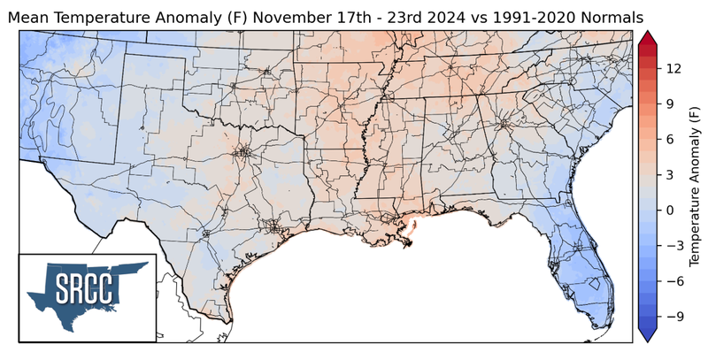 Graphic showing the mean temperature anomalies across the Southern Region for November 17th - 23rd