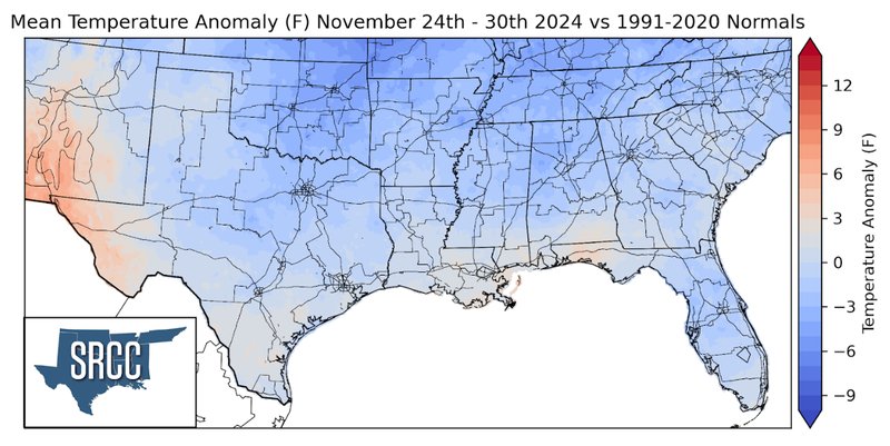 Graphic showing the mean temperature anomalies across the Southern Region for November 24th - 30th