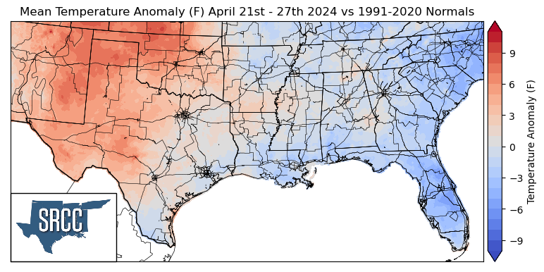 Graphic showing the mean temperature anomalies across the Southern Region for April 21st - 27th