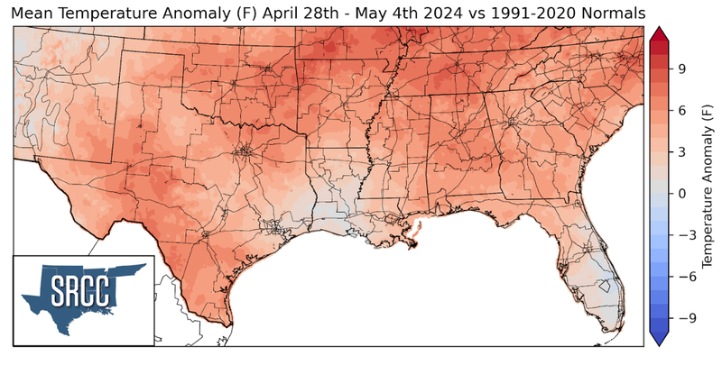 Graphic showing the mean temperature anomalies across the Southern Region for April 28th - May 4th