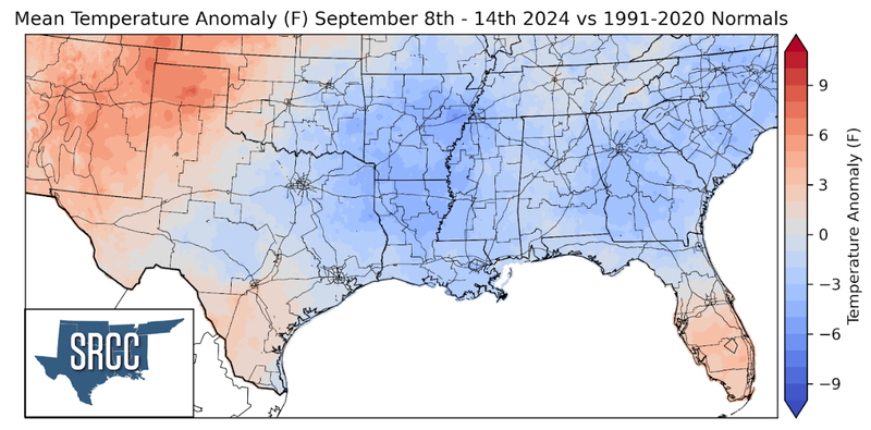 Graphic showing the mean temperature anomalies across the Southern Region for September 8th - 14th