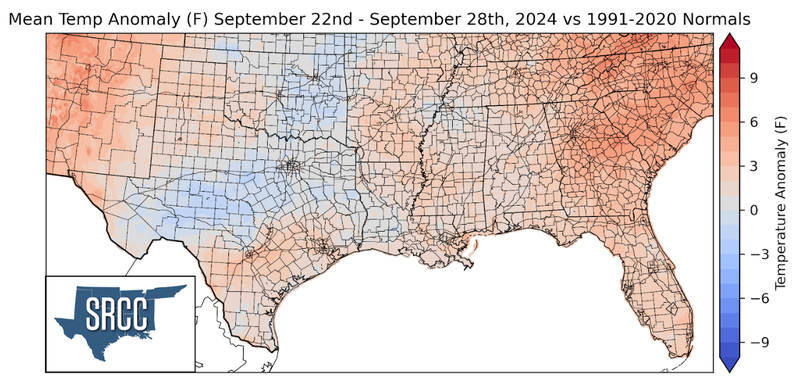 Graphic showing the mean temperature anomalies across the Southern Region for September 22nd - 28th