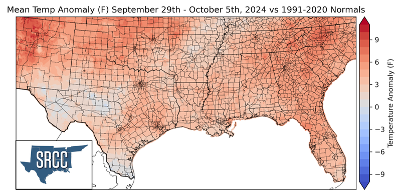 Graphic showing the mean temperature anomalies across the Southern Region for September 29th - October 5th