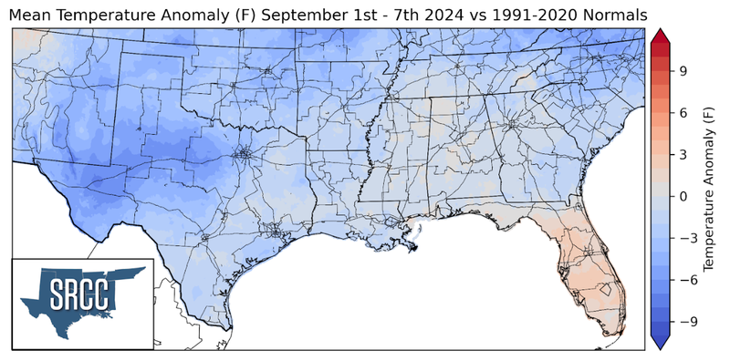 Graphic showing the mean temperature anomalies across the Southern Region for September 1st - 7th