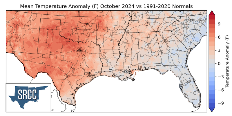 Graphic showing the mean temperature anomalies across the Southern Region for October