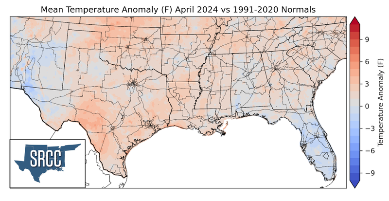 Graphic showing the mean temperature anomalies across the Southern Region for April