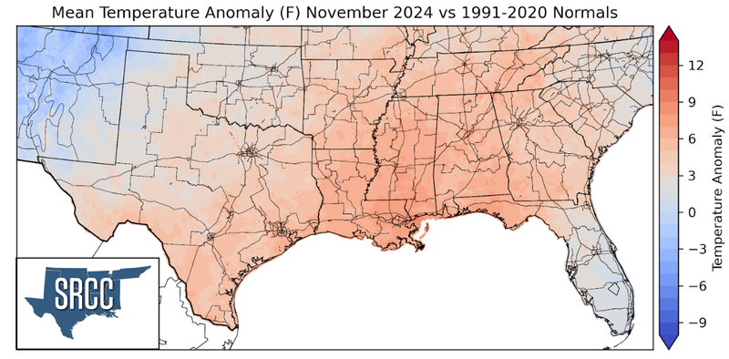 Graphic showing the mean temperature anomalies across the Southern Region for November