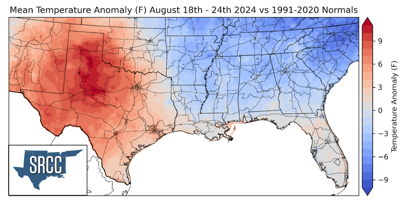 Graphic showing the mean temperature anomalies across the Southern Region for August 18th - 24th