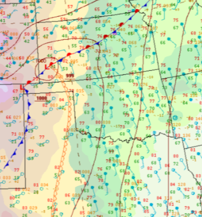 Surface analysis depicting a dryline in Western Texas and Oklahoma.